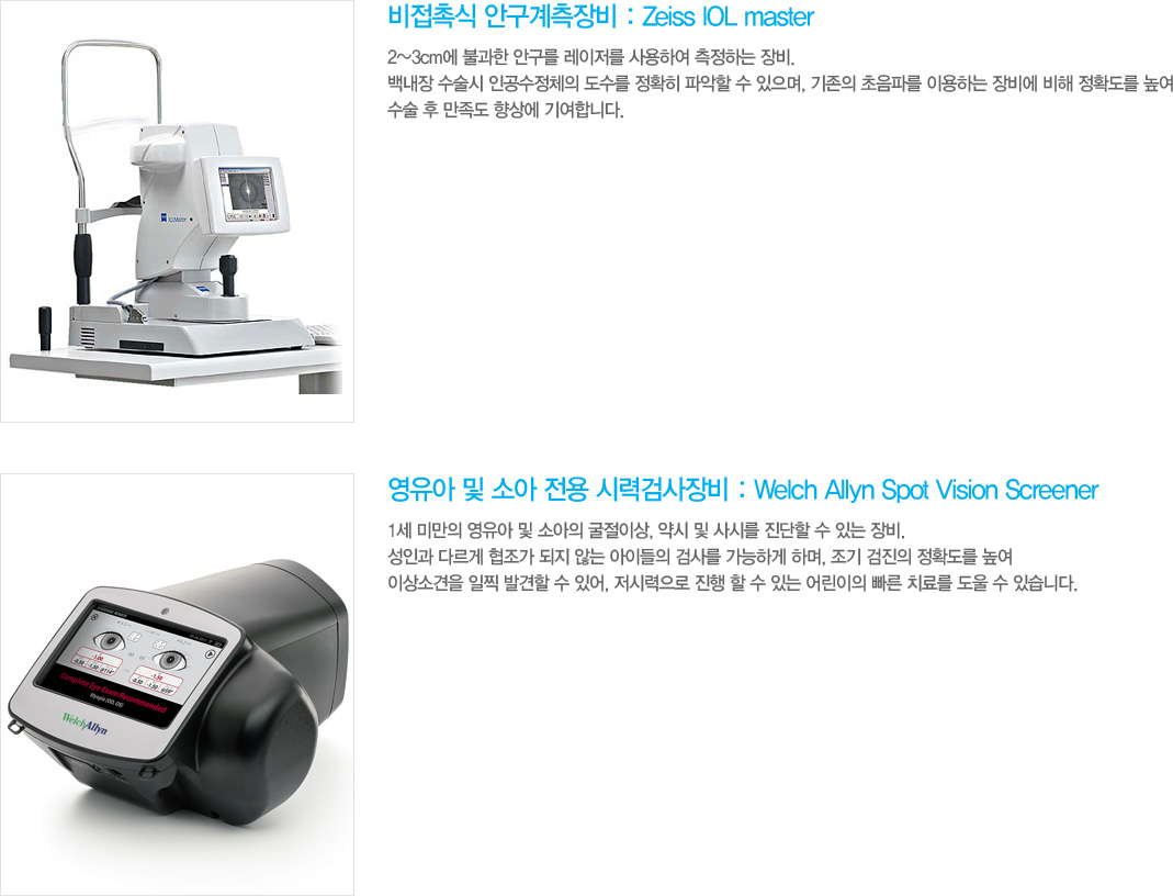 3)	˽ ȱ : Zeiss IOL master
2~3cm Ұ ȱ  Ͽ ϴ . 鳻  ΰü  Ȯ ľ  ,  ĸ ̿ϴ   Ȯ      ⿩մϴ.
4)	  Ҿ  ÷°˻ : Welch Allyn Spot Vision Screener
1 ̸   Ҿ ̻,   ø   ִ . ΰ ٸ   ʴ ̵ ˻縦 ϰ ϸ,   Ȯ  ̻Ұ  ߰  ־, ÷    ִ   ġḦ   ֽϴ.
